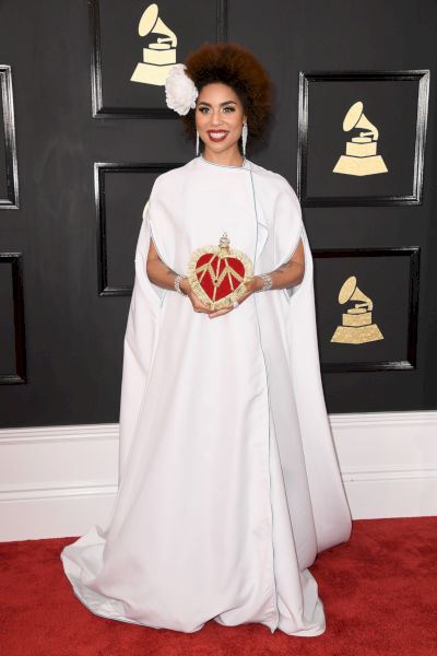 „Feministinė“ dainininkė Joy Villa 2017 m. „Grammy“ apdovanojimuose vilki „Trump“ suknelę